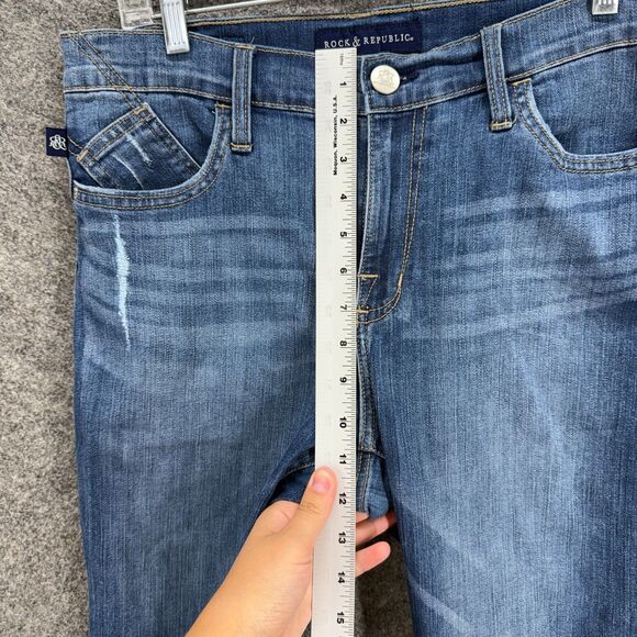 Rock & Republic Shorts Women 14 Blue Denim Medium Wash Cut Off High Rise Pockets - Picture 4 of 9